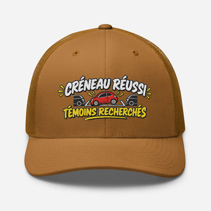 Casquette Trucker, brodée « Créneau réussi, Témoins recherchés », en Caramel, vue de face, image 62