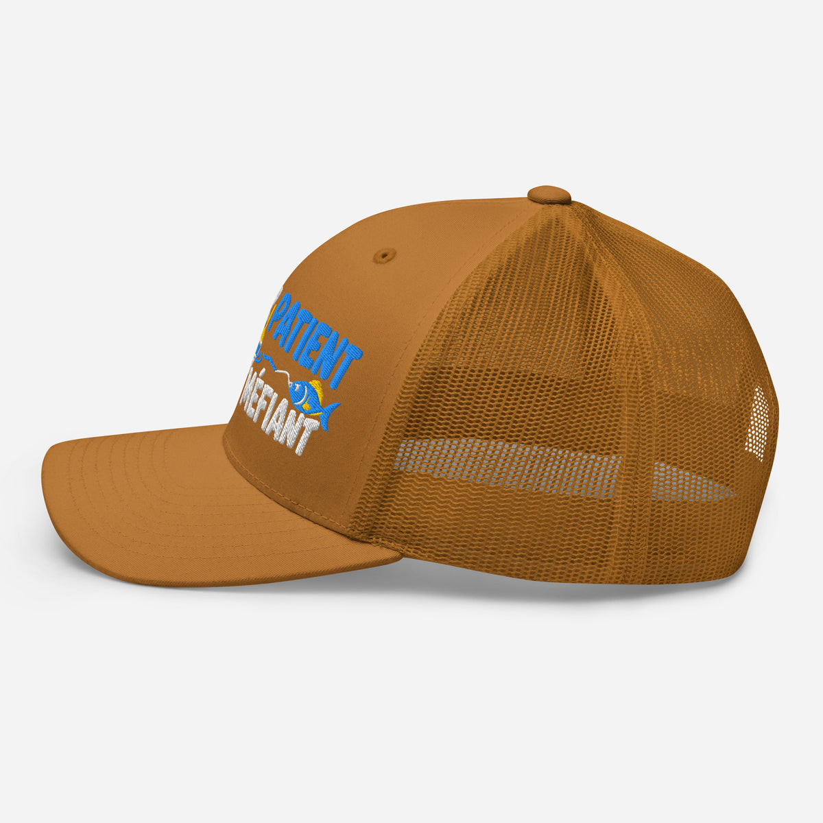 Casquette Trucker, brodée « Pêcheur patient, poisson méfiant », en Caramel, image 64