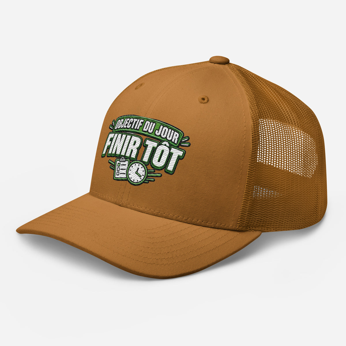 Casquette Trucker, brodée « Objectif du jour, finir tôt », en Caramel, vue de trois quarts, image 64