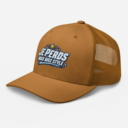 Casquette Trucker, brodée « Je perds mais avec style », en Caramel, vue de trois quarts, image 64