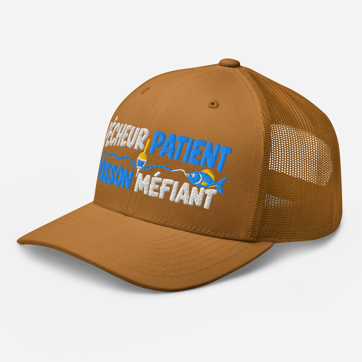 Casquette Trucker, brodée « Pêcheur patient, poisson méfiant », en Caramel, vue de trois quarts, image 65