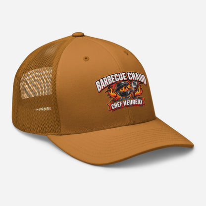 Casquette Trucker, brodée « Barbecue chaud, chef heureux », en Caramel, vue de trois quarts, image 67