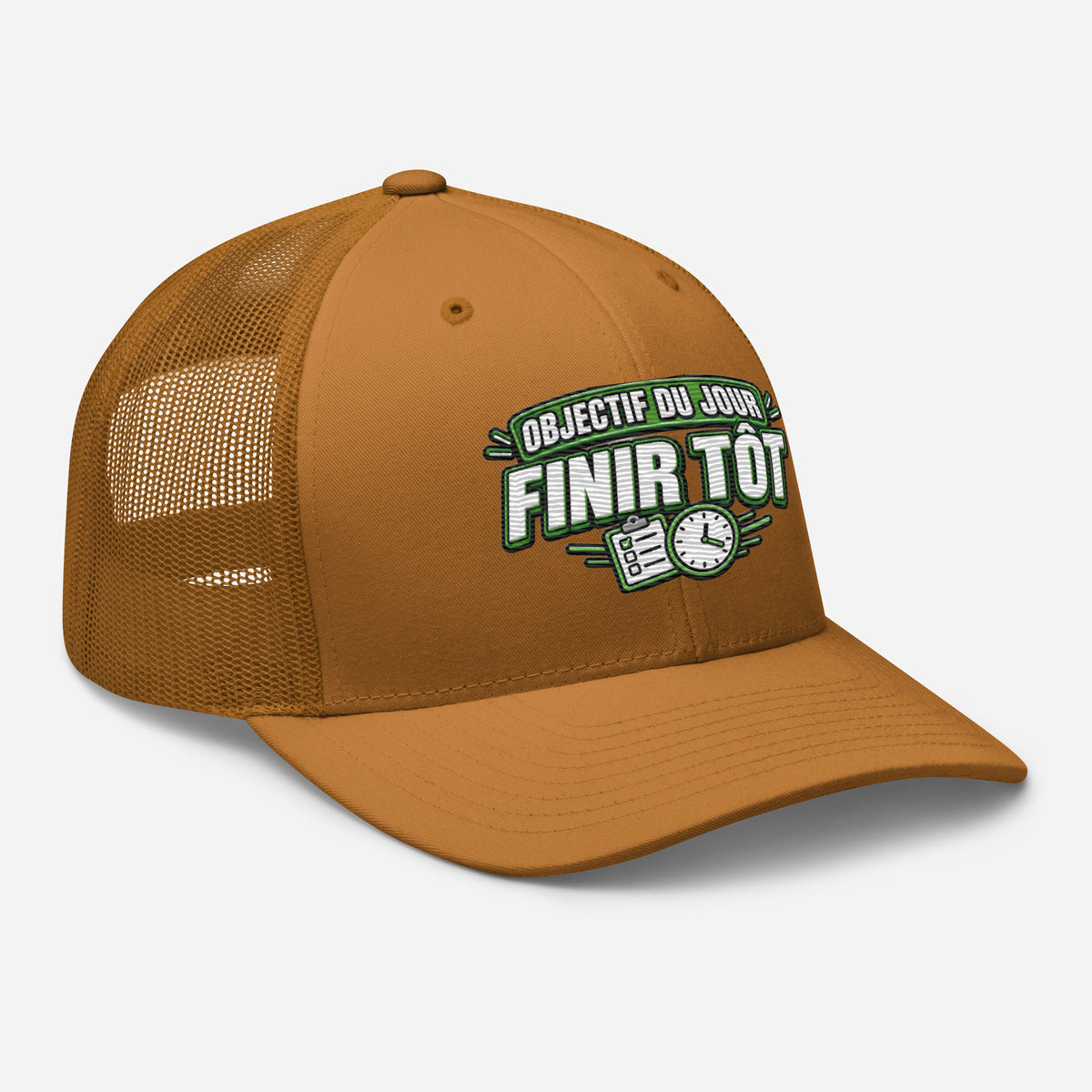 Casquette Trucker, brodée « Objectif du jour, finir tôt », en Caramel, vue de trois quarts, image 66