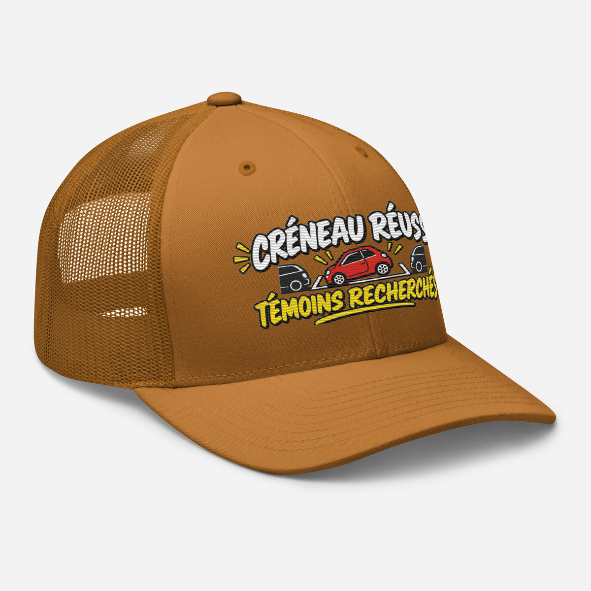 Casquette Trucker, brodée « Créneau réussi, Témoins recherchés », en Caramel, vue de trois quarts, image 67