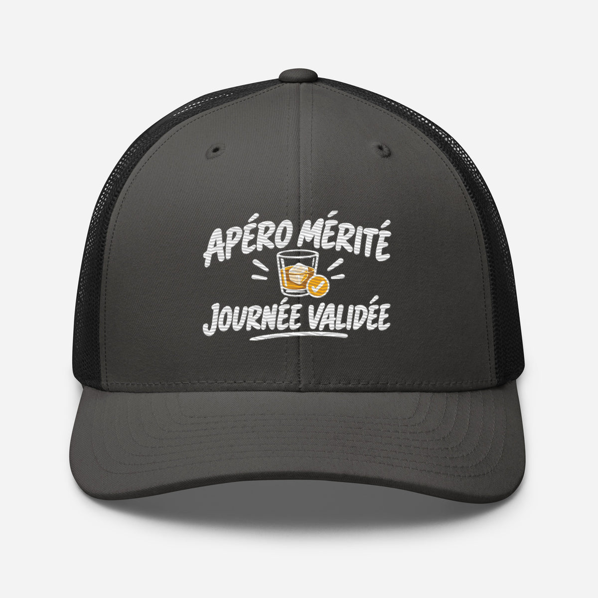 Casquette Trucker, brodée « Apéro mérité, journée validée », en Noir, vue de face, image 27
