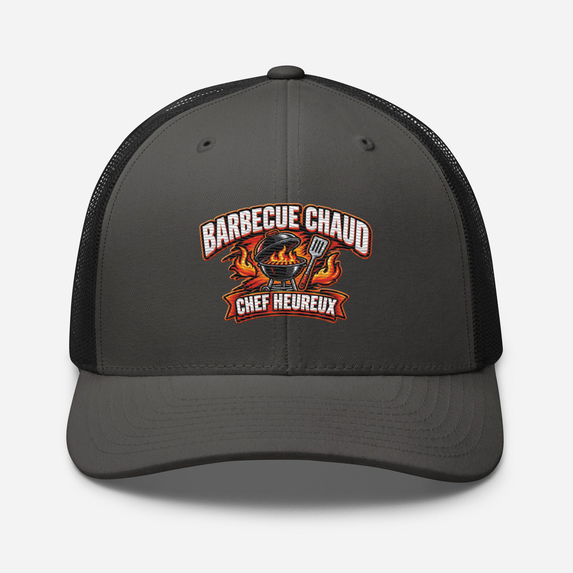 Casquette Trucker, brodée « Barbecue chaud, chef heureux », en Noir, vue de face, image 27
