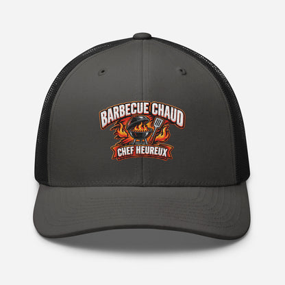 Casquette Trucker, brodée « Barbecue chaud, chef heureux », en Noir, vue de face, image 27
