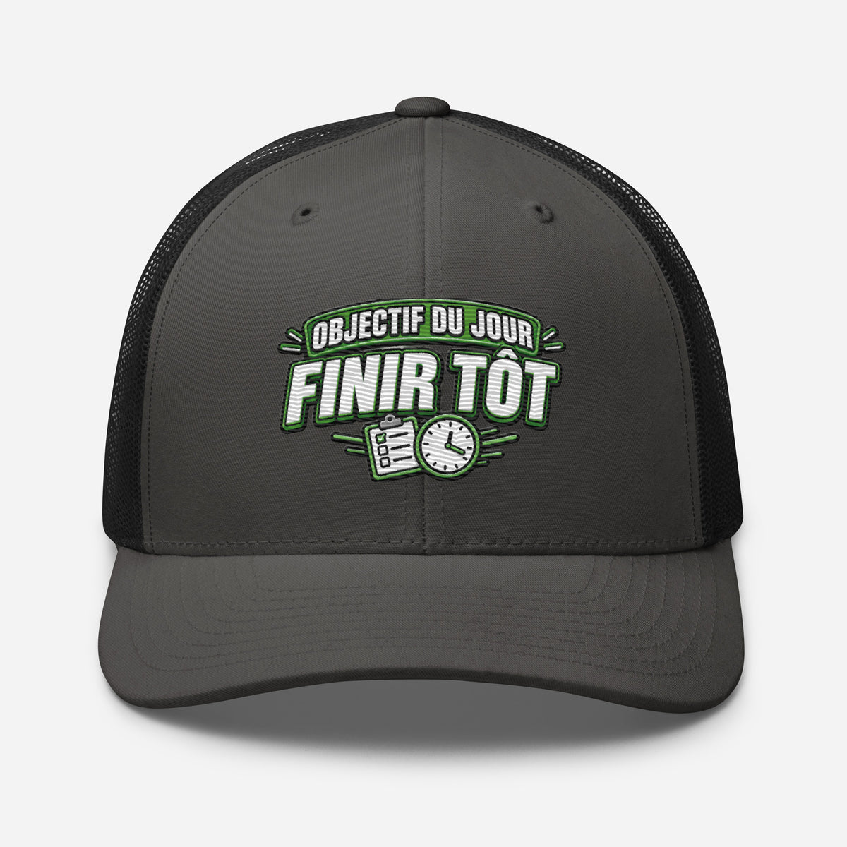 Casquette Trucker, brodée « Objectif du jour, finir tôt », en Noir, vue de face, image 26