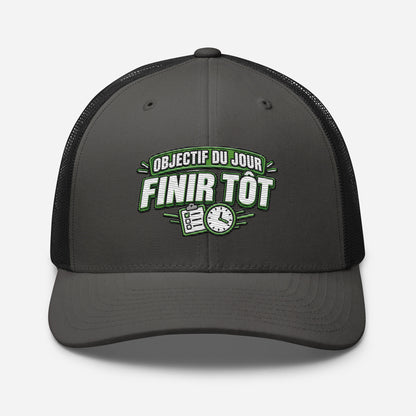 Casquette Trucker, brodée « Objectif du jour, finir tôt », en Noir, vue de face, image 26