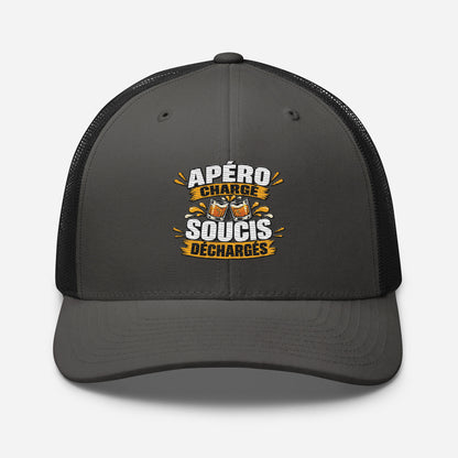 Casquette Trucker, brodée « Apéro chargé, soucis déchargés », en Noir, vue de face, image 27
