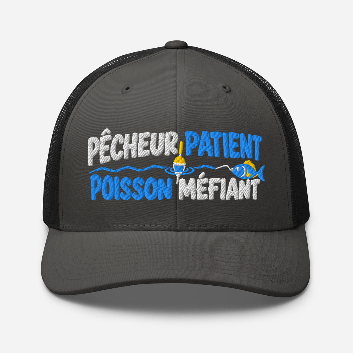 Casquette Trucker, brodée « Pêcheur patient, poisson méfiant », en Noir, vue de face, image 27