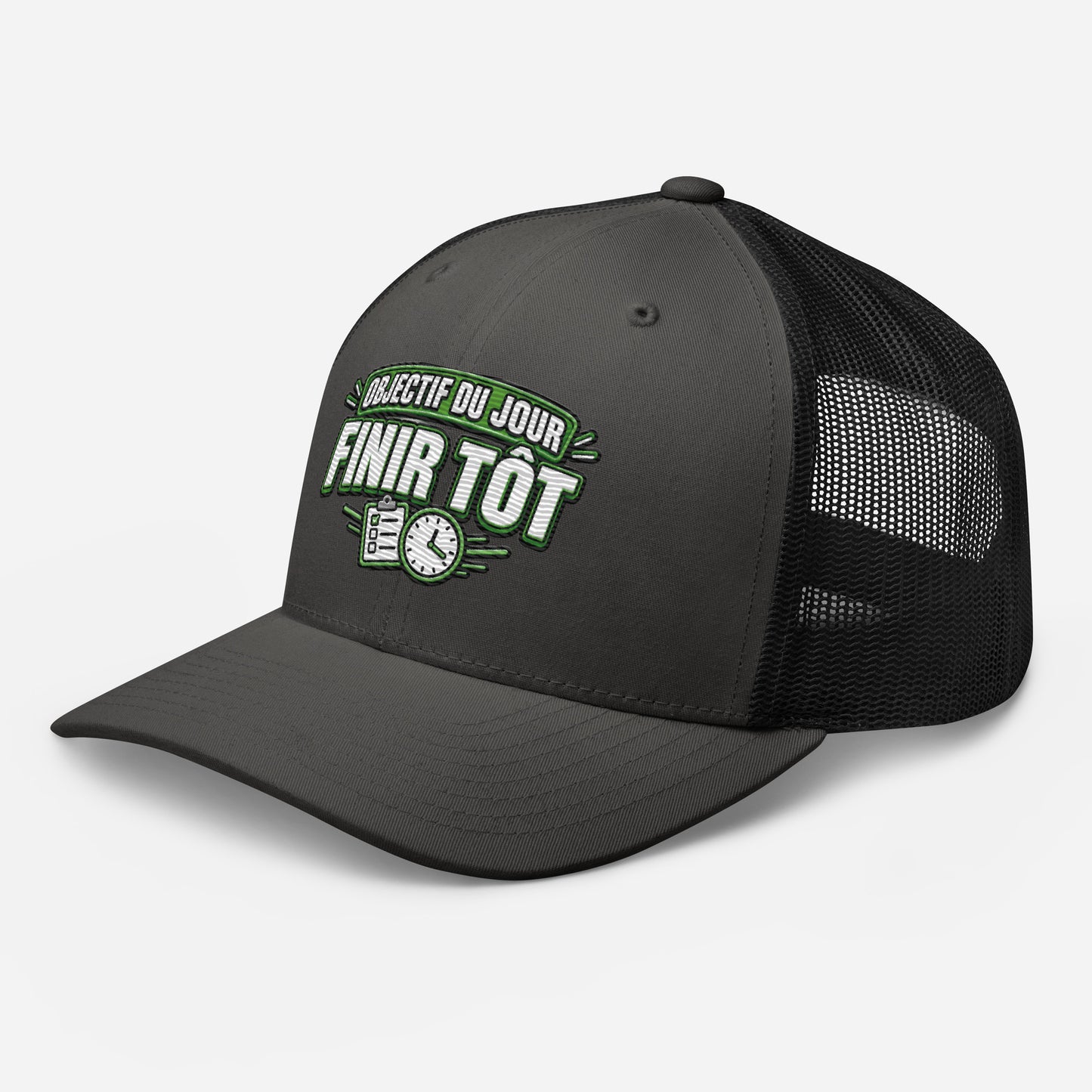 Casquette Trucker, brodée « Objectif du jour, finir tôt », en Noir, vue de trois quarts, image 28