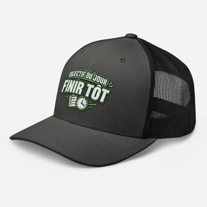 Casquette Trucker, brodée « Objectif du jour, finir tôt », en Noir, vue de trois quarts, image 28