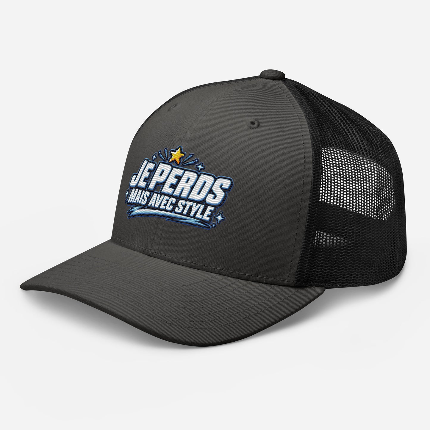 Casquette Trucker, brodée « Je perds mais avec style », en Noir, vue de trois quarts, image 28