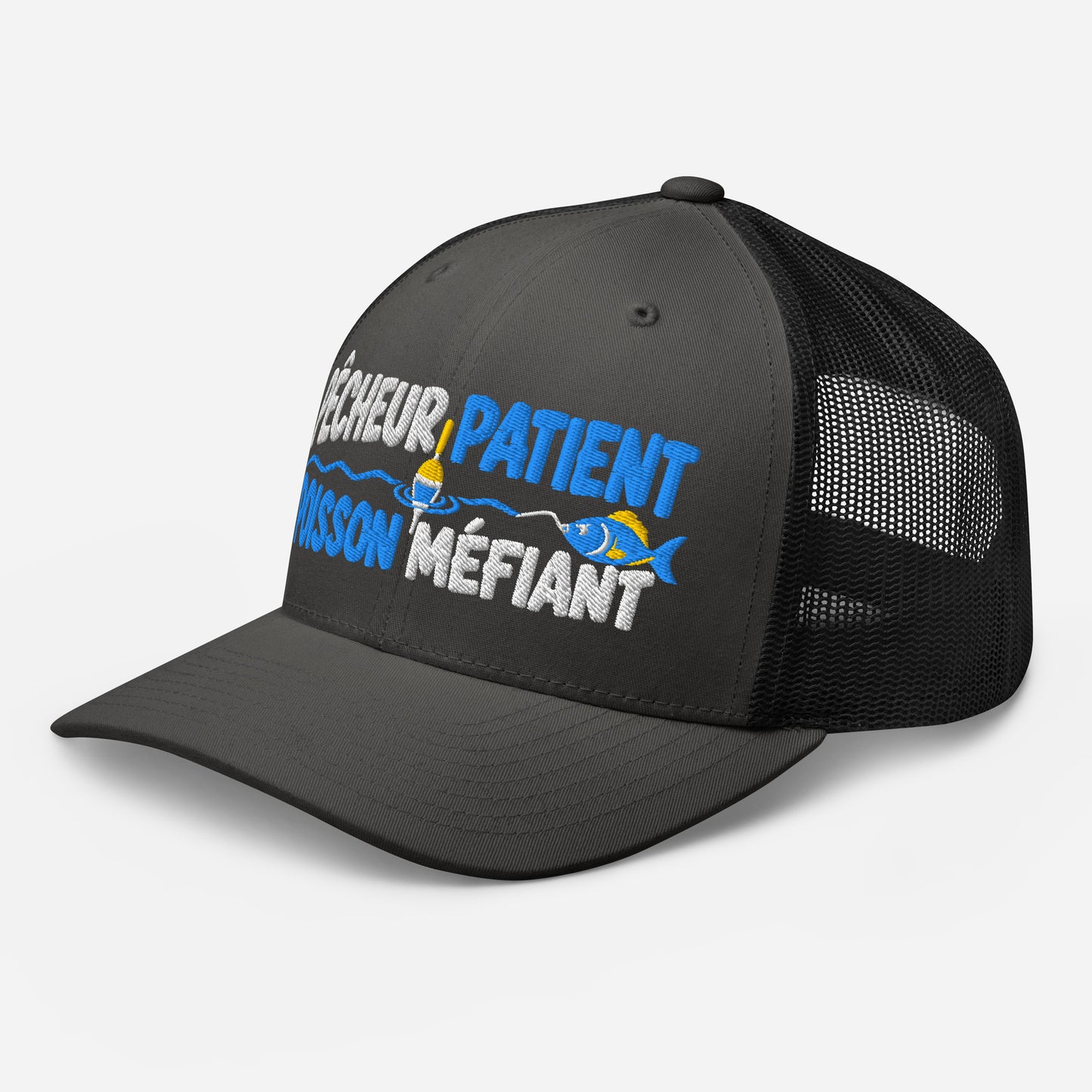 Casquette Trucker, brodée « Pêcheur patient, poisson méfiant », en Noir, vue de trois quarts, image 29