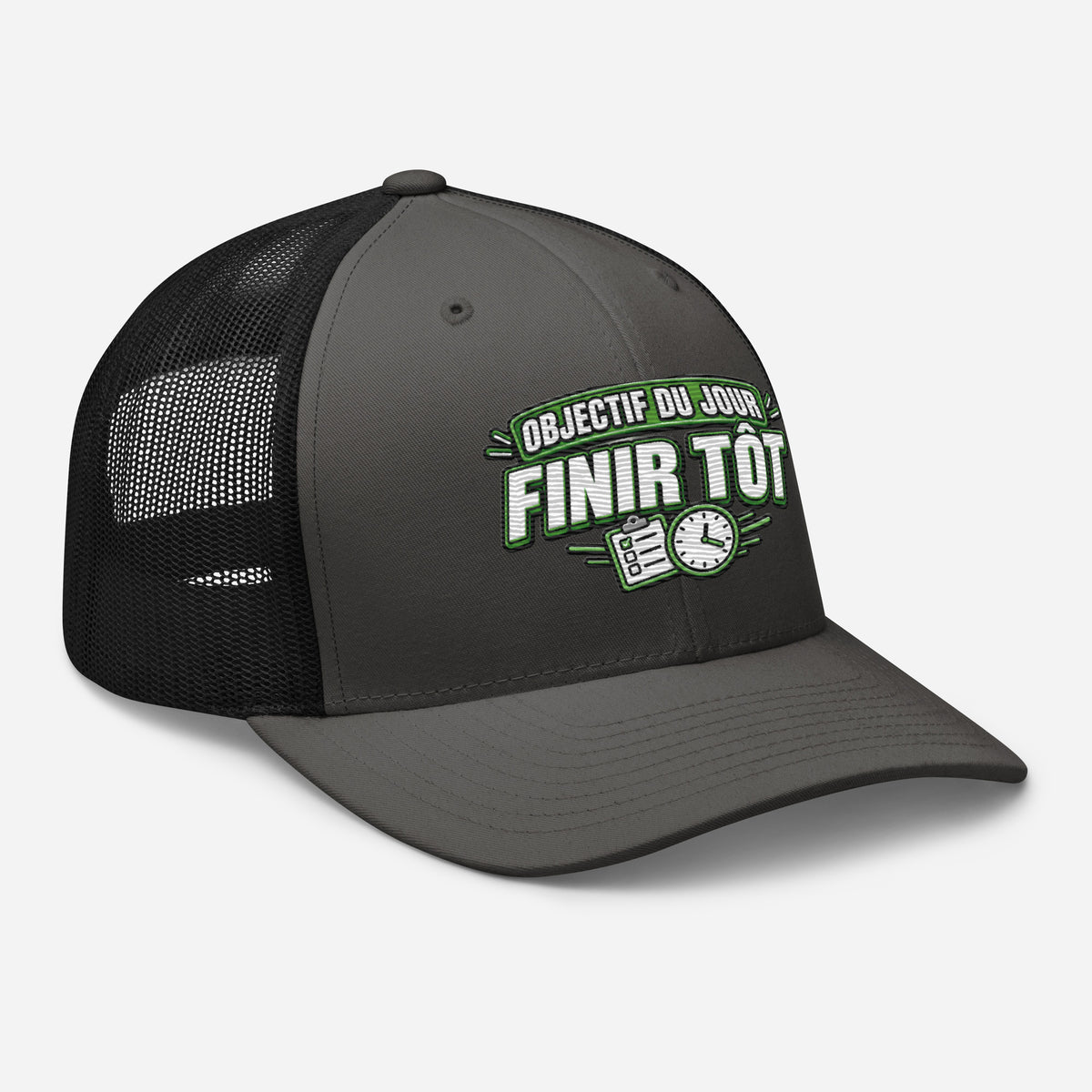 Casquette Trucker, brodée « Objectif du jour, finir tôt », en Noir, vue de trois quarts, image 30