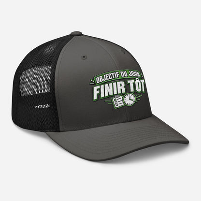 Casquette Trucker, brodée « Objectif du jour, finir tôt », en Noir, vue de trois quarts, image 30
