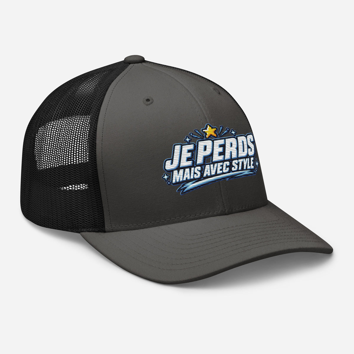 Casquette Trucker, brodée « Je perds mais avec style », en Noir, vue de trois quarts, image 30