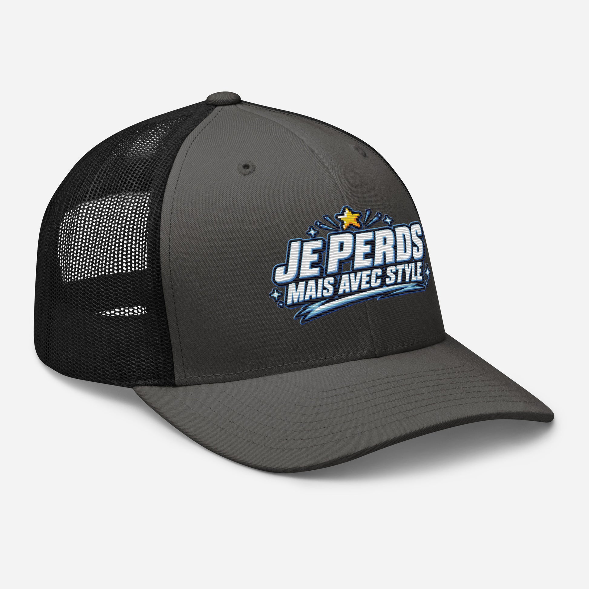 Casquette Trucker, brodée « Je perds mais avec style », en Noir, vue de trois quarts, image 30