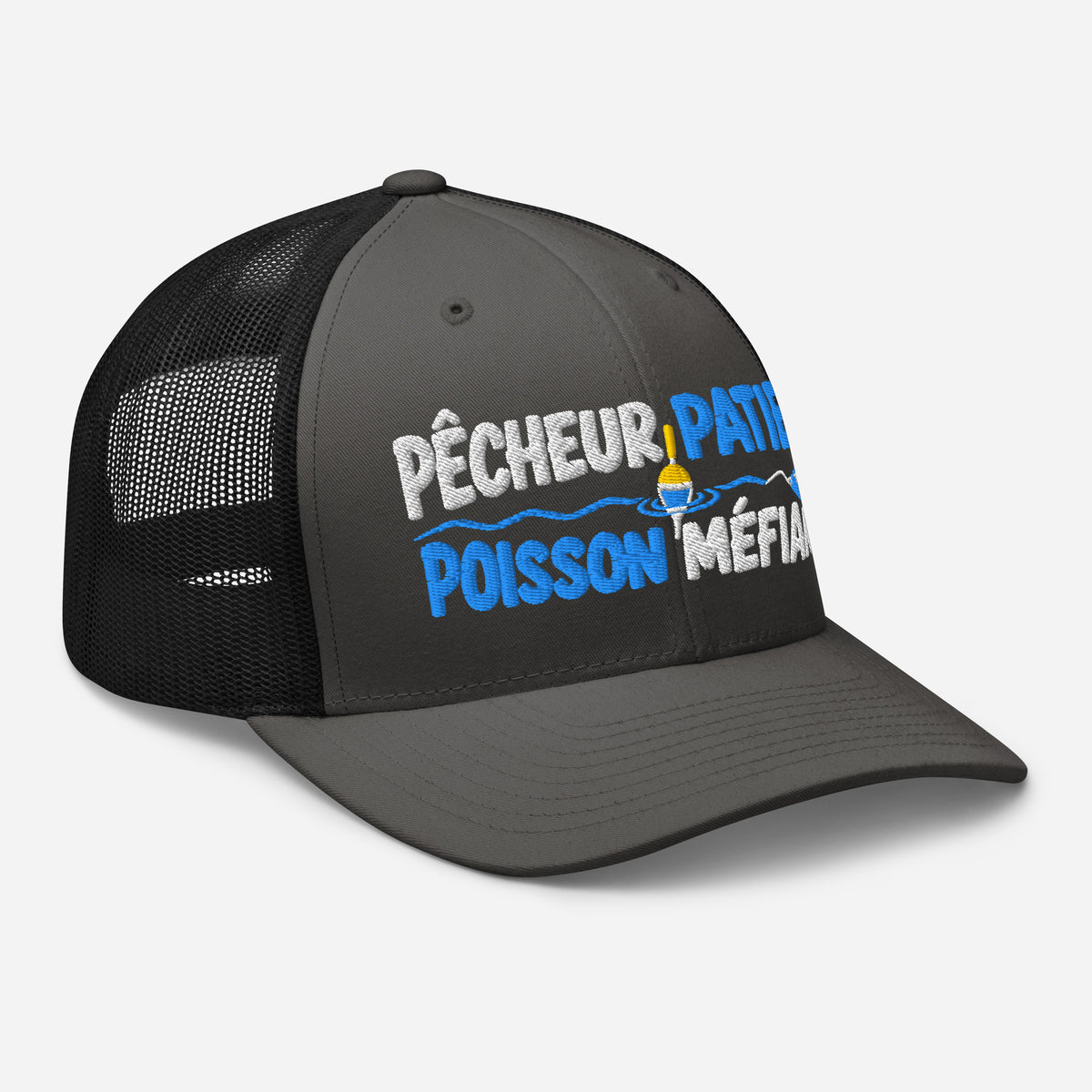 Casquette Trucker, brodée « Pêcheur patient, poisson méfiant », en Noir, vue de trois quarts, image 31