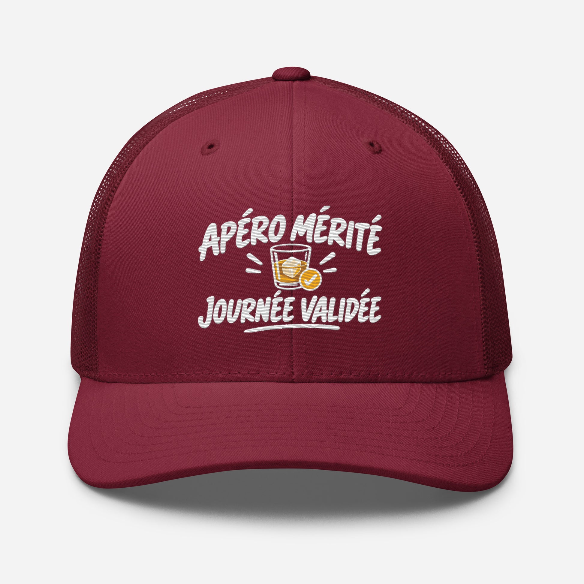 Casquette Trucker, brodée « Apéro mérité, journée validée », en Canneberge, vue de face, image 32