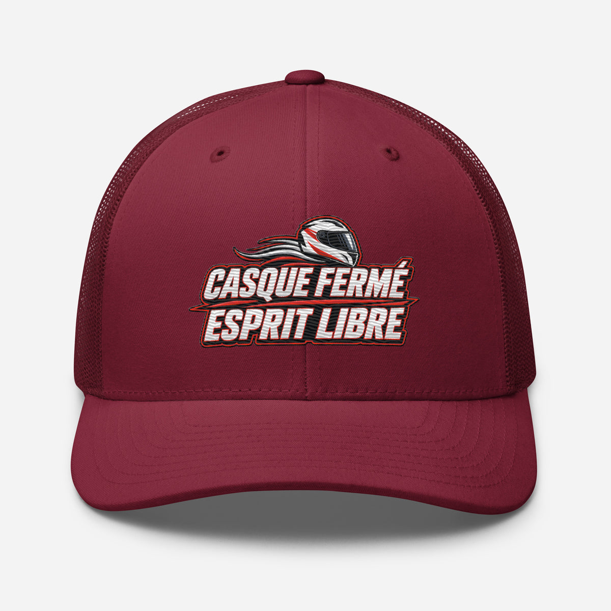 Casquette Trucker, brodée « Casque fermé, esprit libre », en Canneberge, vue de face, image 31