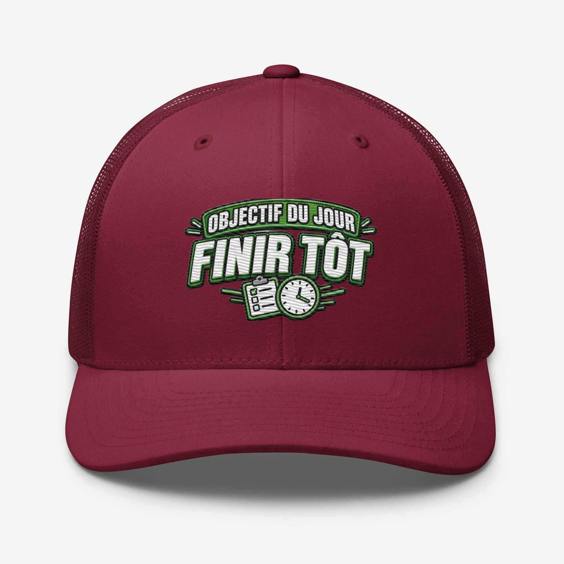 Casquette Trucker, brodée « Objectif du jour, finir tôt », en Canneberge, vue de face, image 31