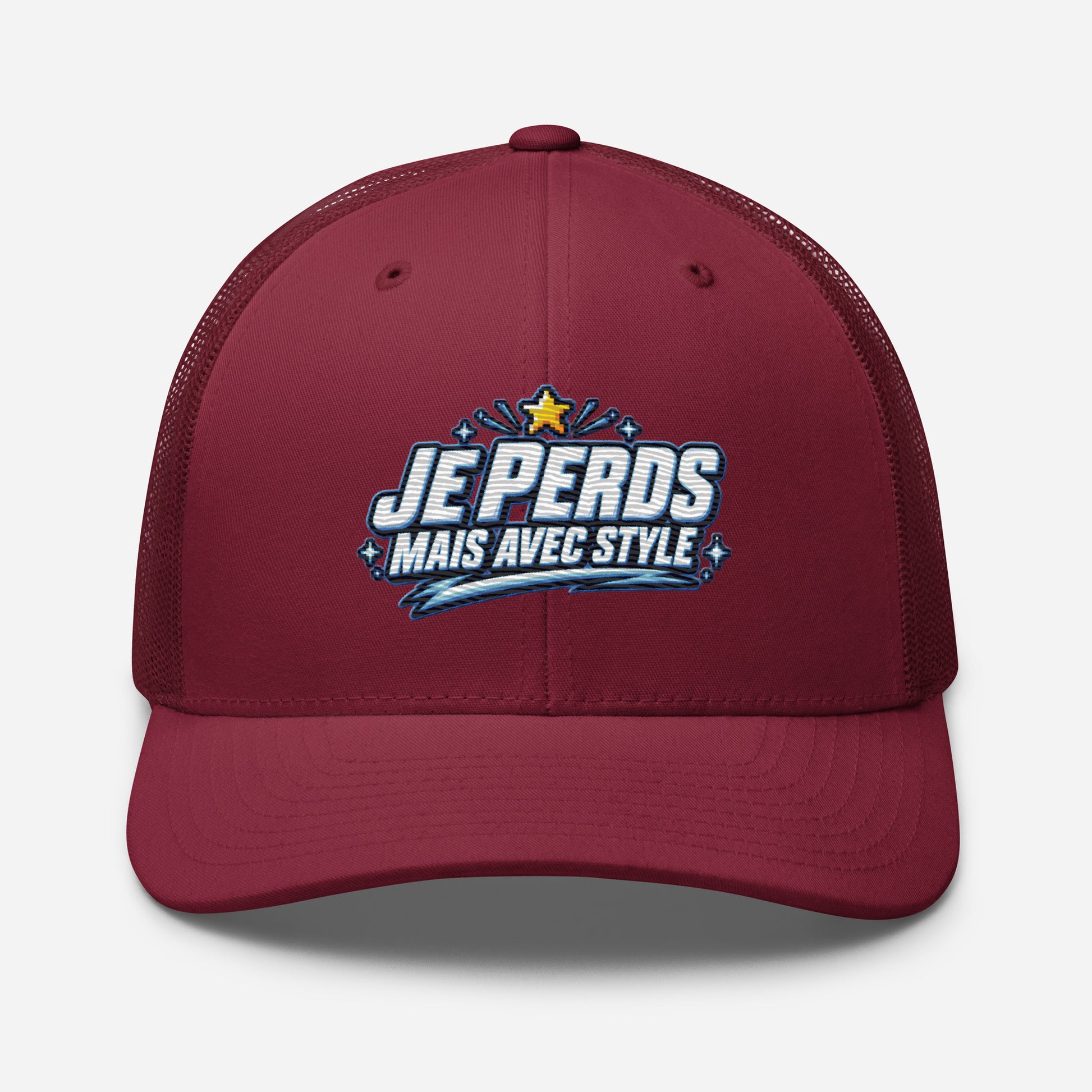 Casquette Trucker, brodée « Je perds mais avec style », en Canneberge, vue de face, image 31