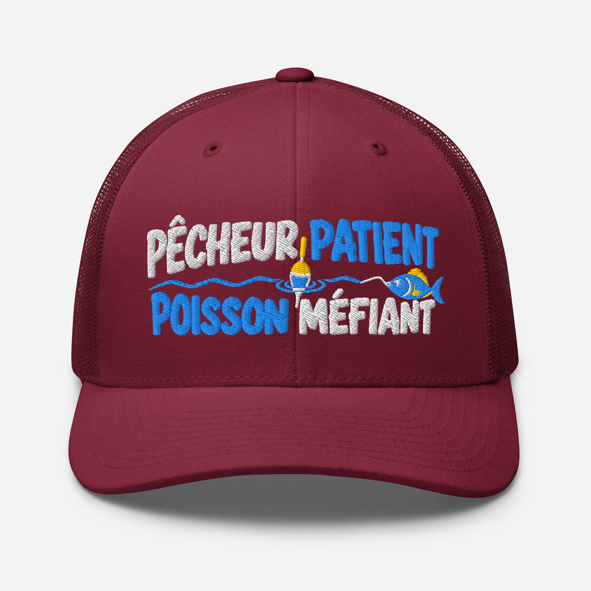 Casquette Trucker, brodée « Pêcheur patient, poisson méfiant », en Canneberge, vue de face, image 32