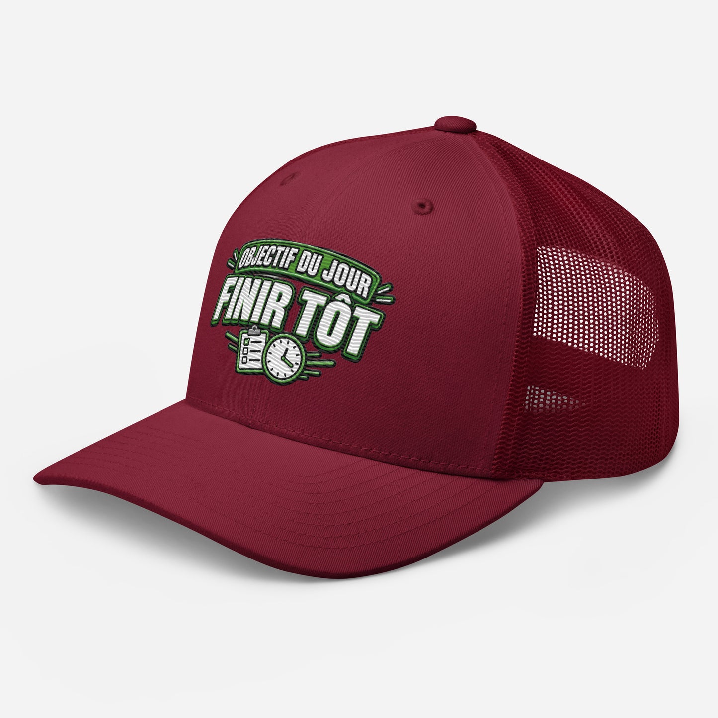 Casquette Trucker, brodée « Objectif du jour, finir tôt », en Canneberge, vue de trois quarts, image 34