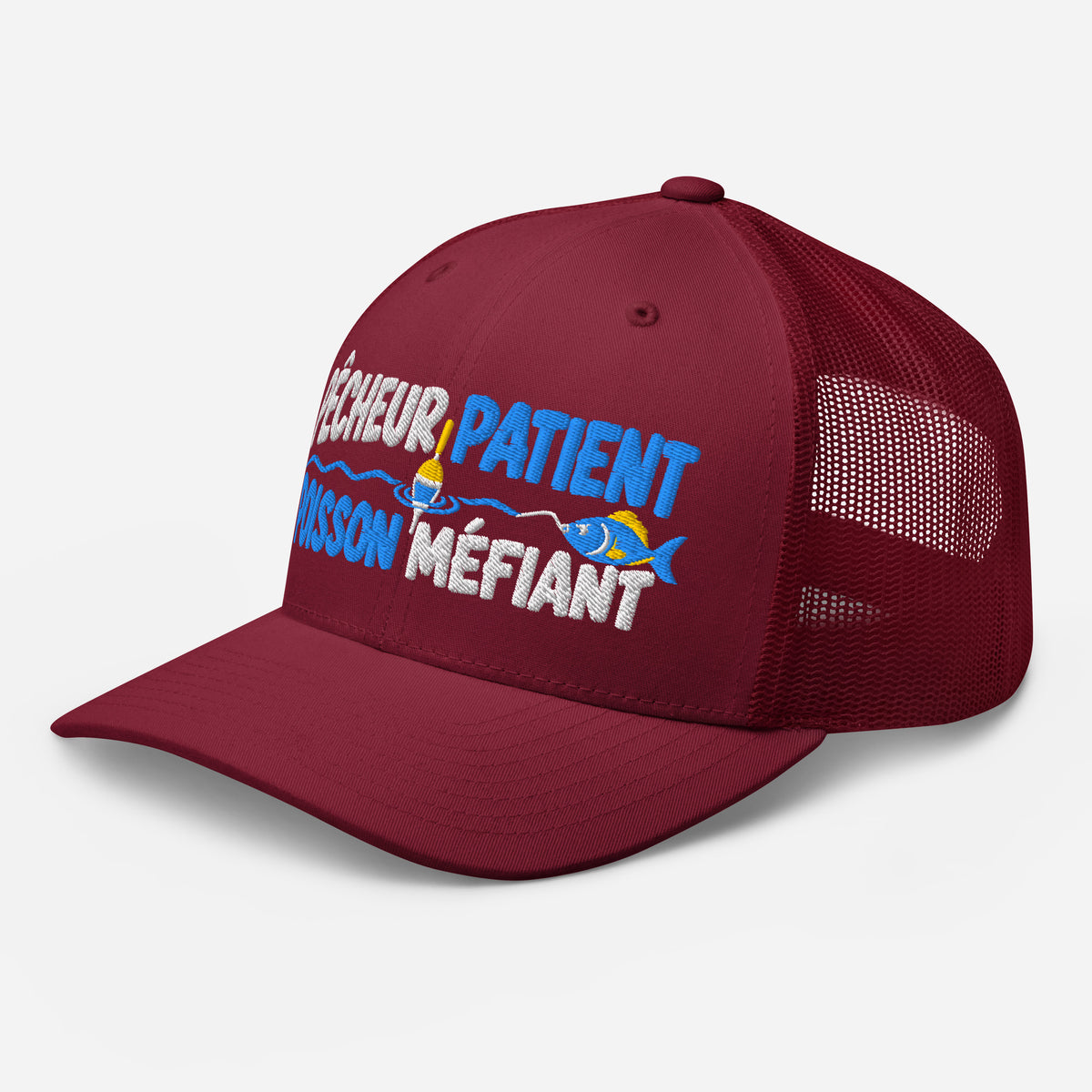 Casquette Trucker, brodée « Pêcheur patient, poisson méfiant », en Canneberge, vue de trois quarts, image 35