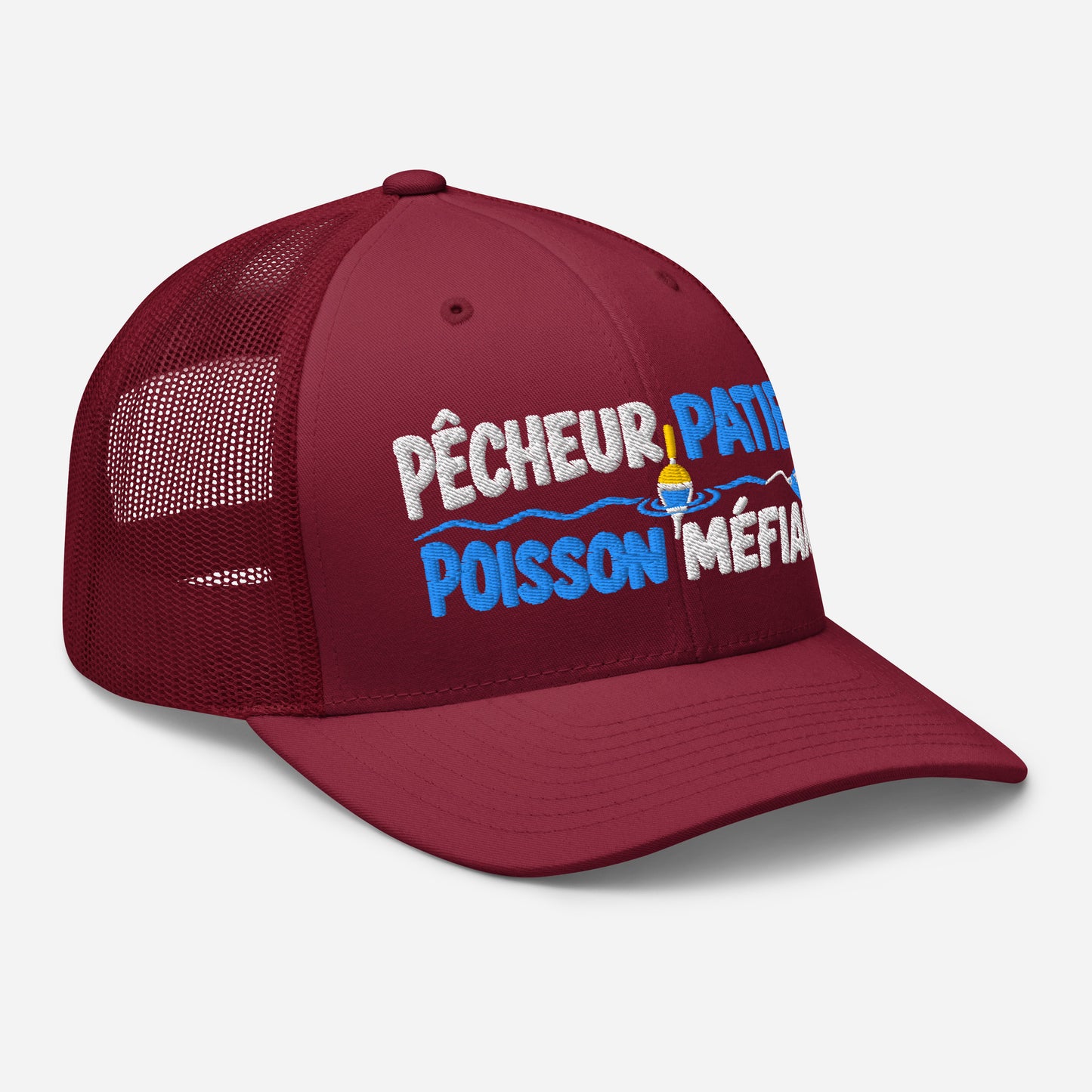 Casquette Trucker, brodée « Pêcheur patient, poisson méfiant », en Canneberge, vue de trois quarts, image 37