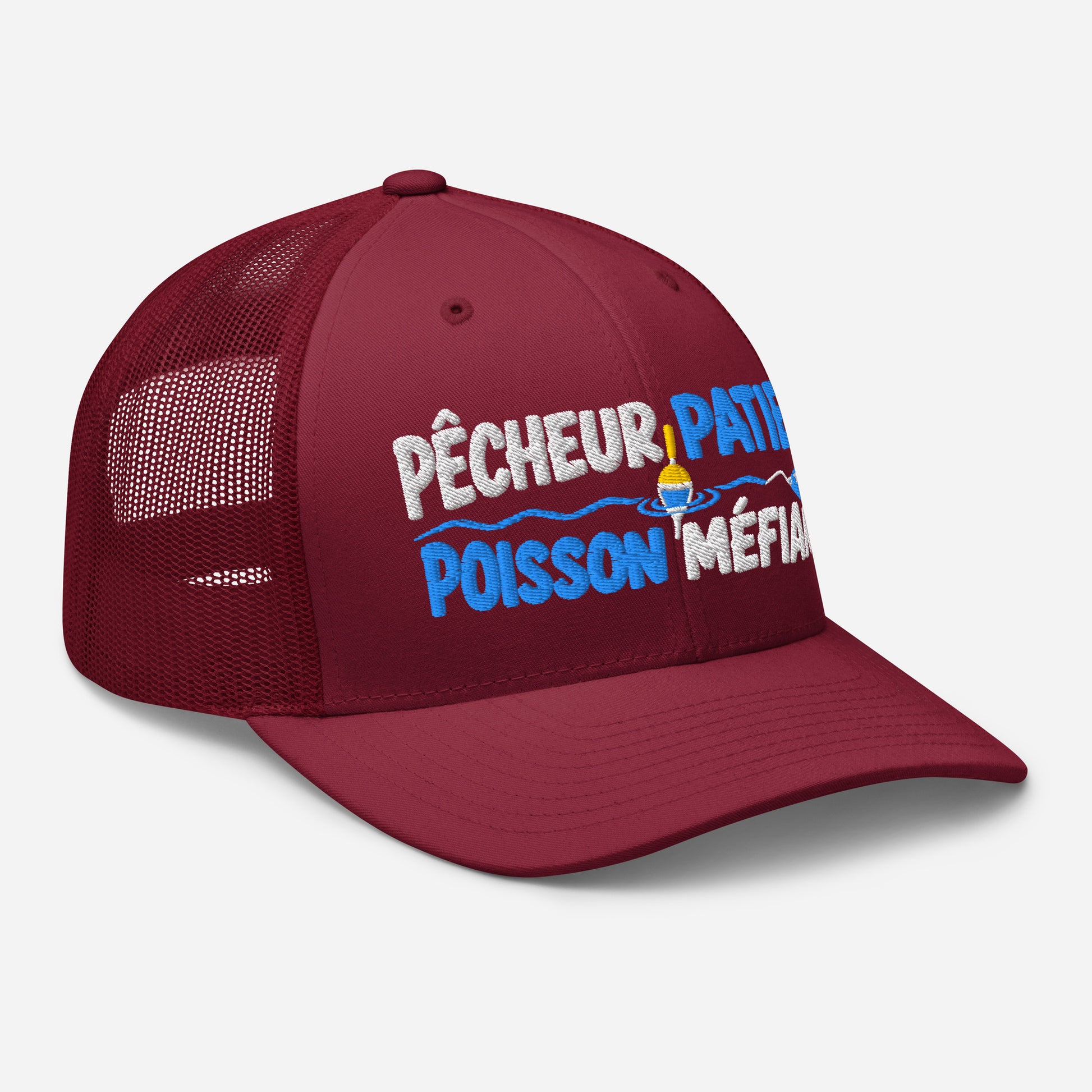 Casquette Trucker, brodée « Pêcheur patient, poisson méfiant », en Canneberge, vue de trois quarts, image 37