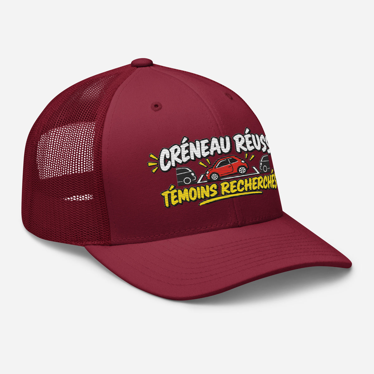 Casquette Trucker, brodée « Créneau réussi, Témoins recherchés », en Canneberge, vue de trois quarts, image 37