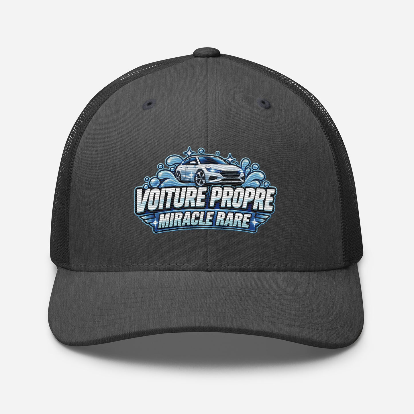 Casquette Trucker, brodée « Voiture propre, miracle rare », en Dark Heather Gray, vue de face, image 50