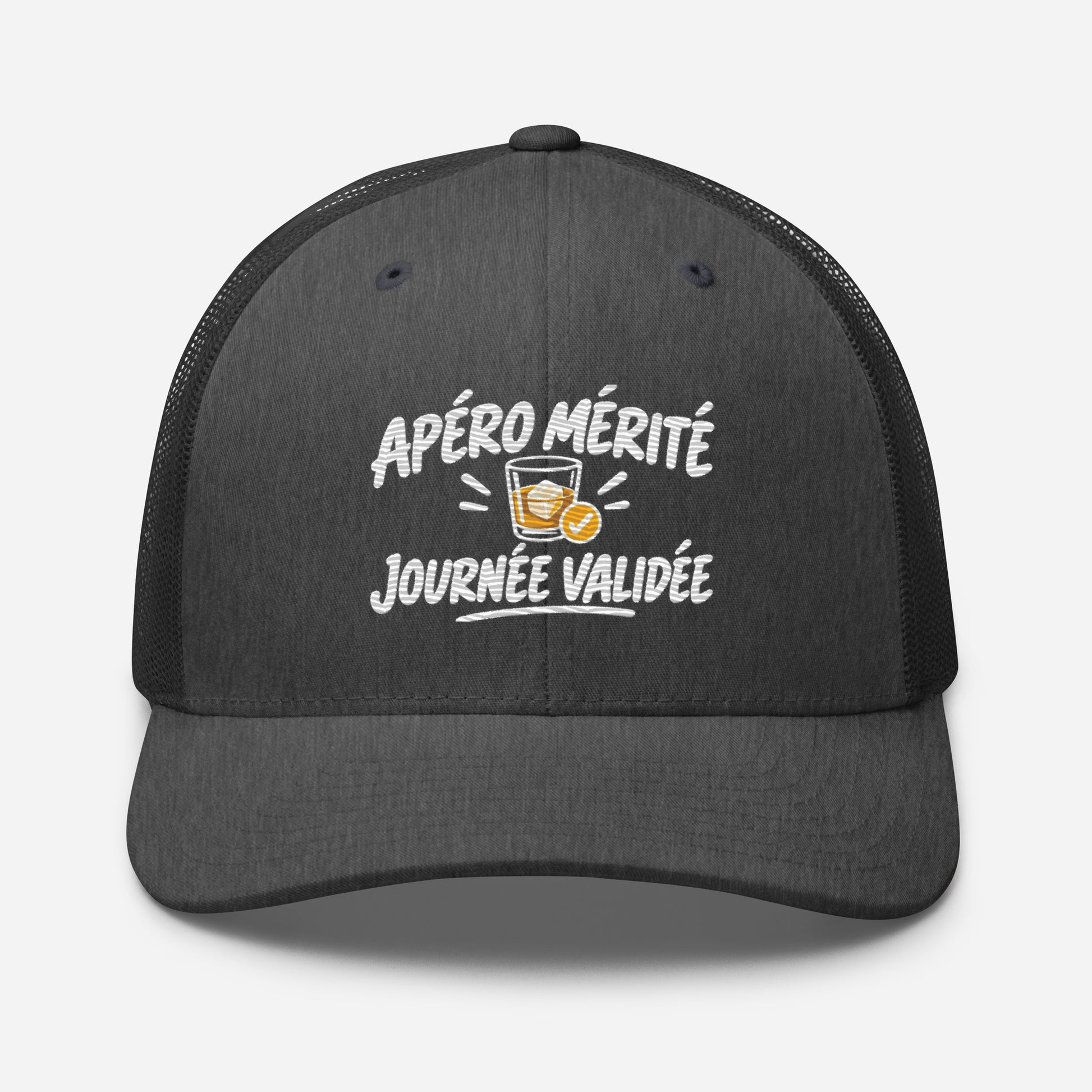 Casquette Trucker, brodée « Apéro mérité, journée validée », en Dark Heather Gray, vue de face, image 49
