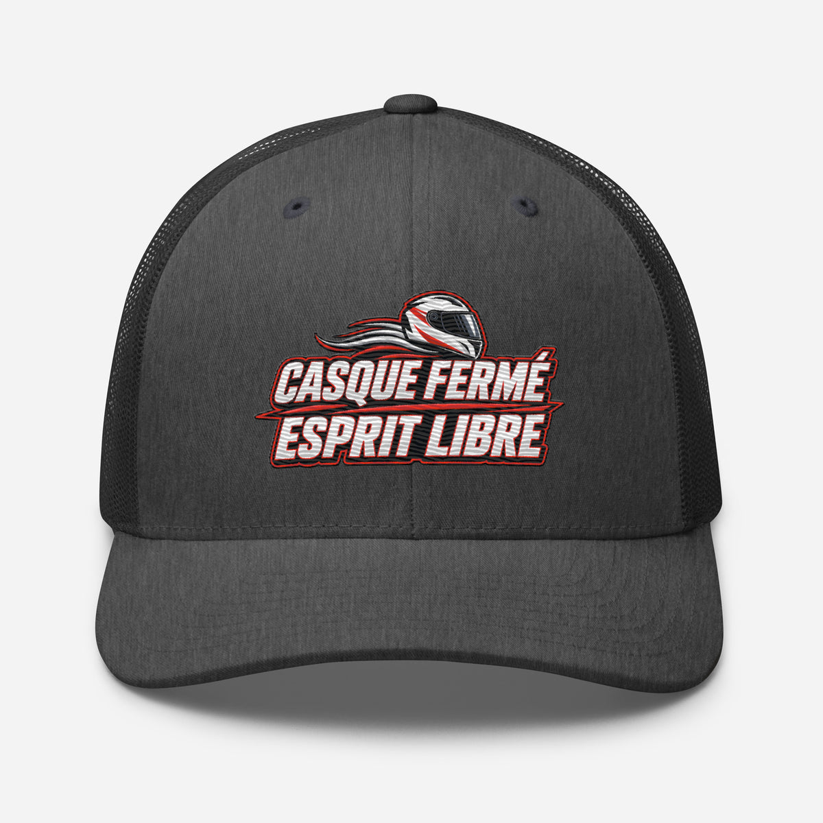 Casquette Trucker, brodée « Casque fermé, esprit libre », en Dark Heather Gray, vue de face, image 49