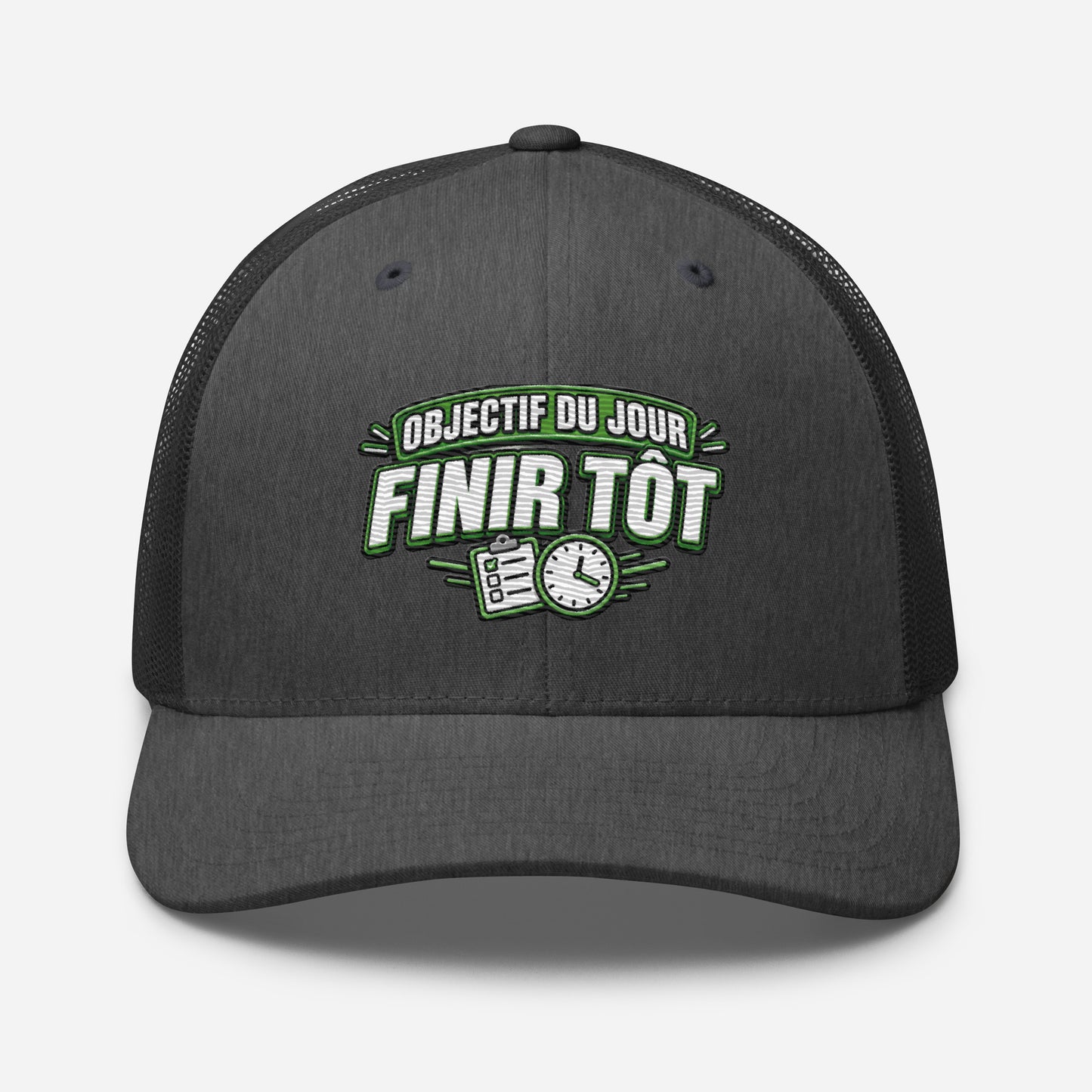 Casquette Trucker, brodée « Objectif du jour, finir tôt », en Dark Heather Gray, vue de face, image 49