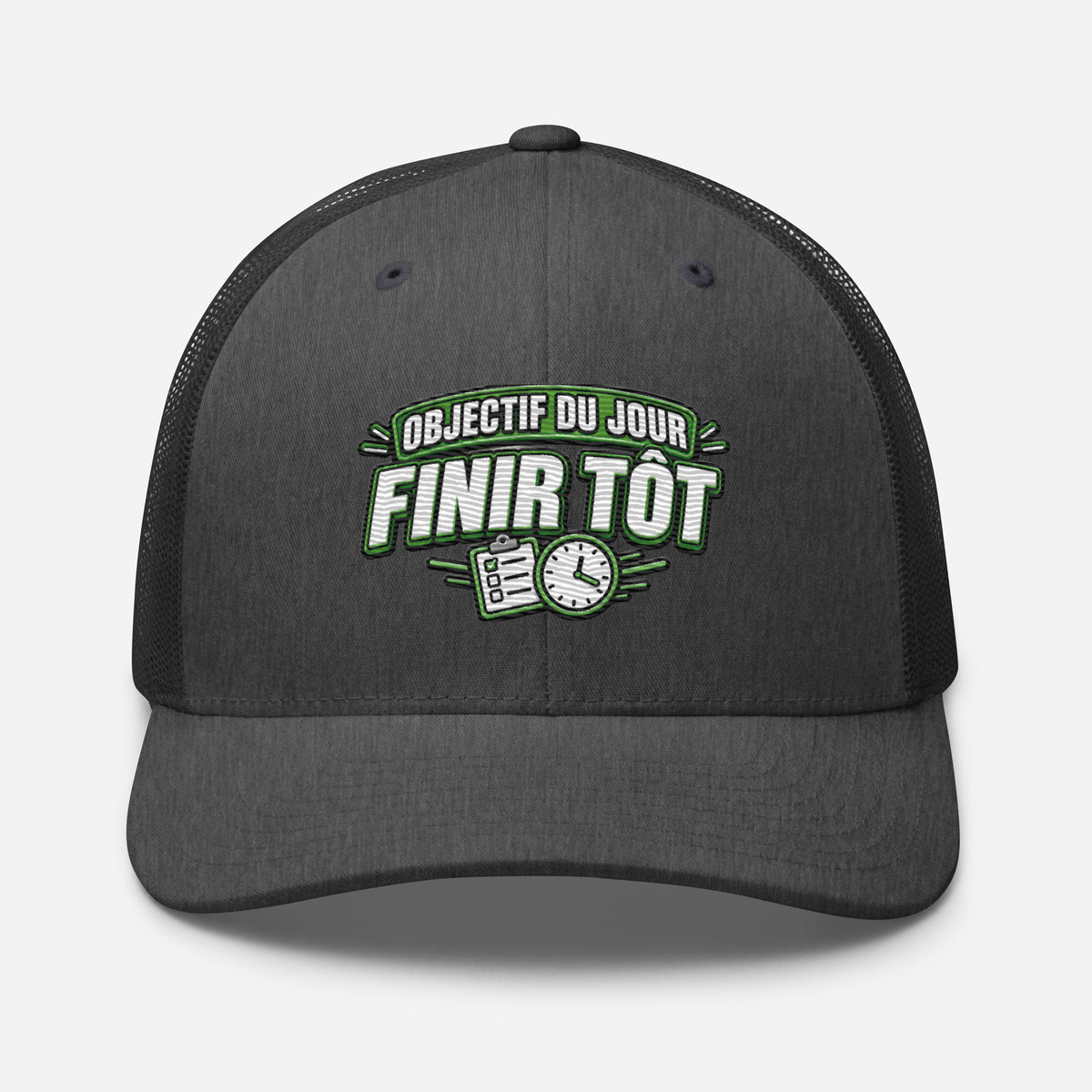 Casquette Trucker, brodée « Objectif du jour, finir tôt », en Dark Heather Gray, vue de face, image 49