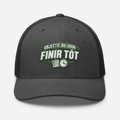Casquette Trucker, brodée « Objectif du jour, finir tôt », en Dark Heather Gray, vue de face, image 49