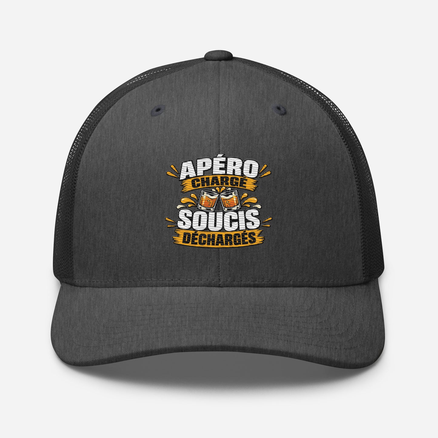 Casquette Trucker, brodée « Apéro chargé, soucis déchargés », en Dark Heather Gray, vue de face, image 50