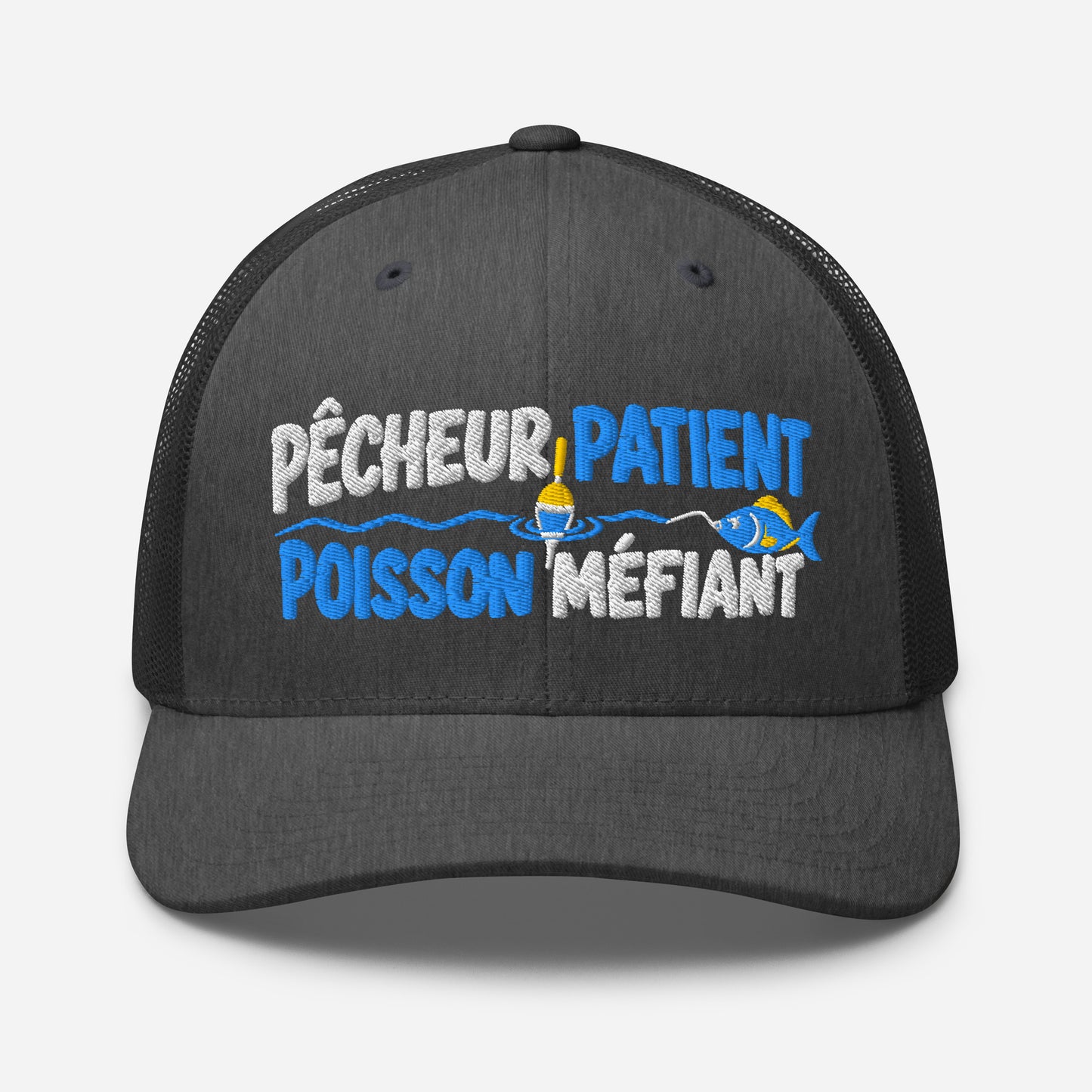 Casquette Trucker, brodée « Pêcheur patient, poisson méfiant », en Dark Heather Gray, vue de face, image 50