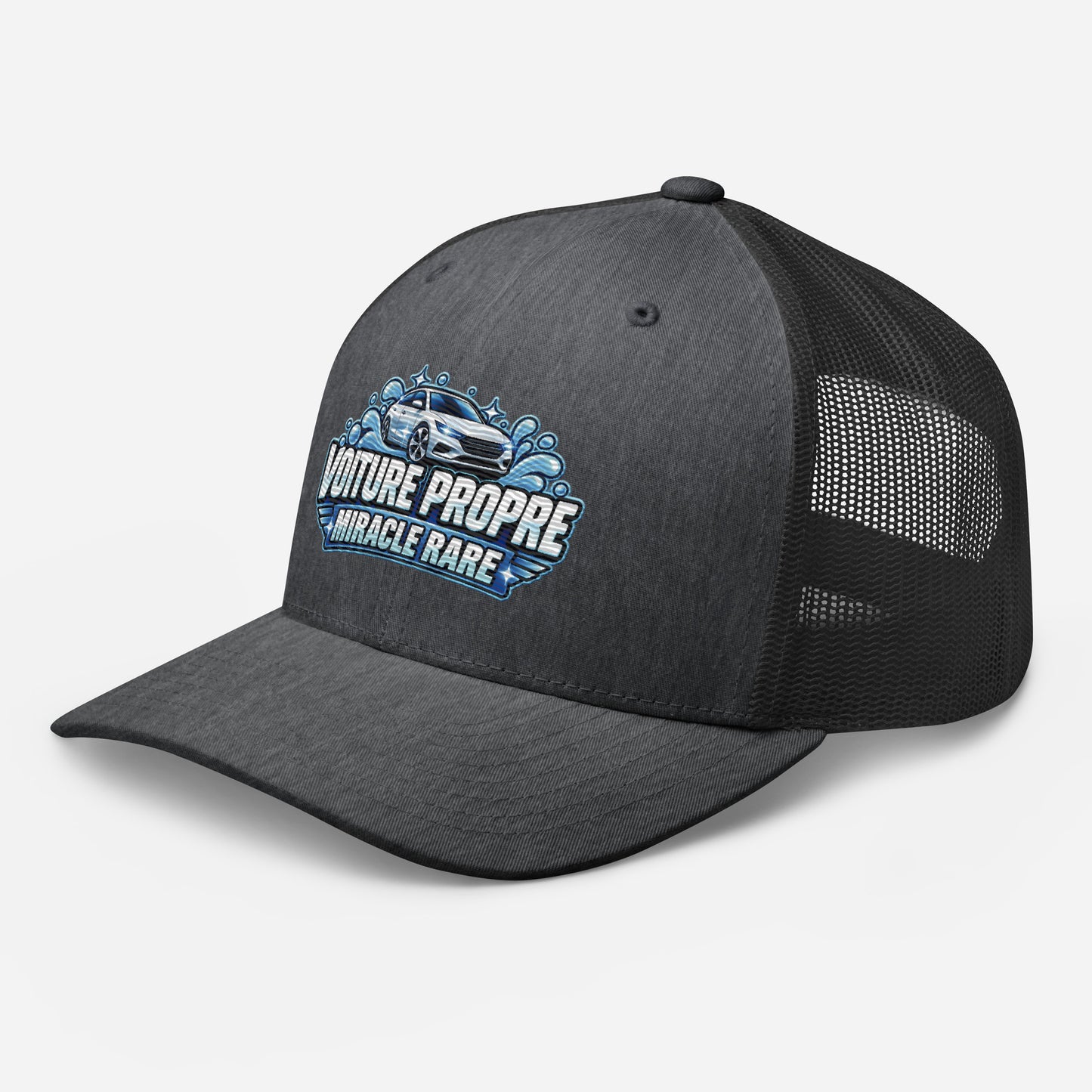 Casquette Trucker, brodée « Voiture propre, miracle rare », en Dark Heather Gray, vue de trois quarts, image 53