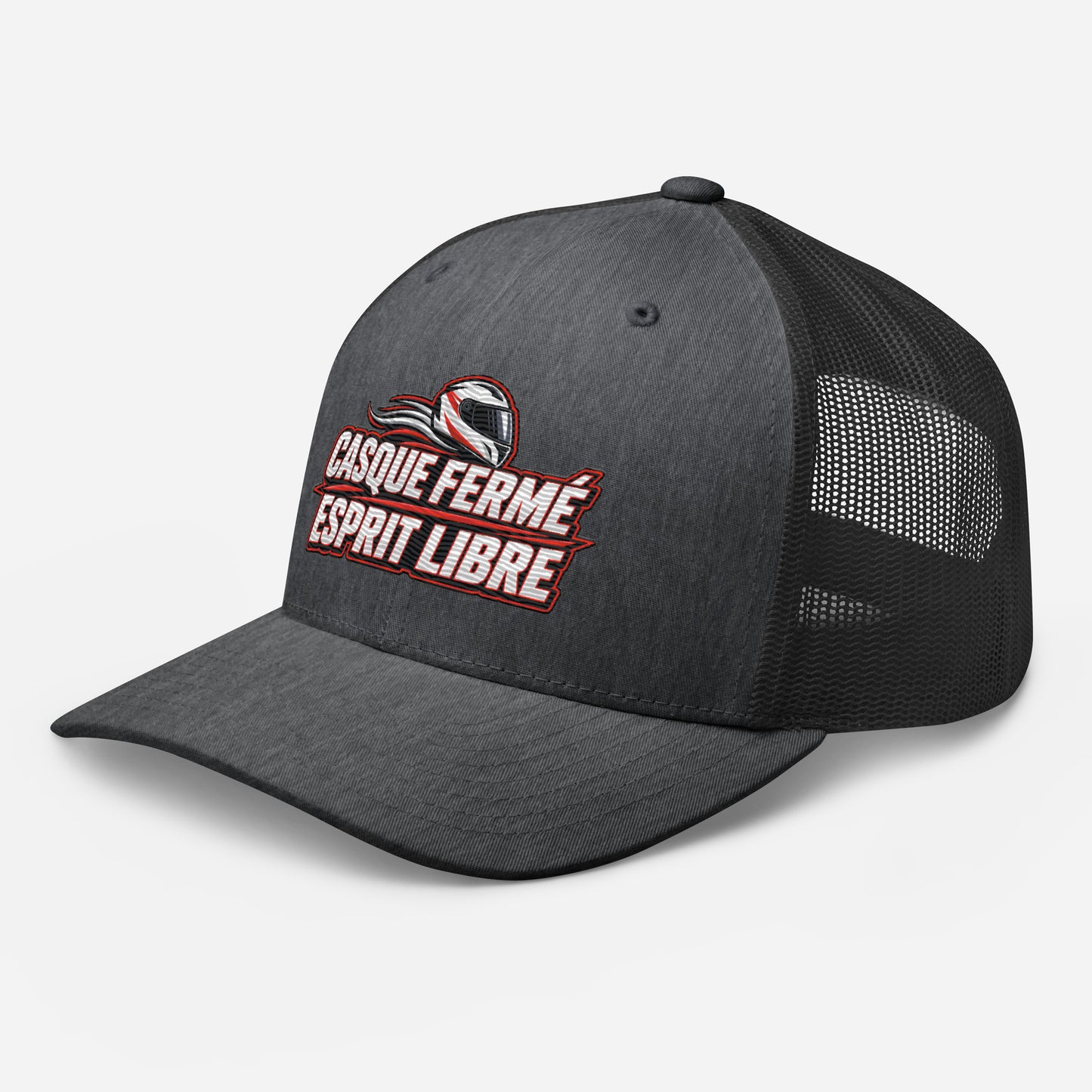 Casquette Trucker, brodée « Casque fermé, esprit libre », en Dark Heather Gray, vue de trois quarts, image 52