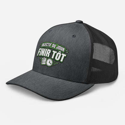 Casquette Trucker, brodée « Objectif du jour, finir tôt », en Dark Heather Gray, vue de trois quarts, image 52