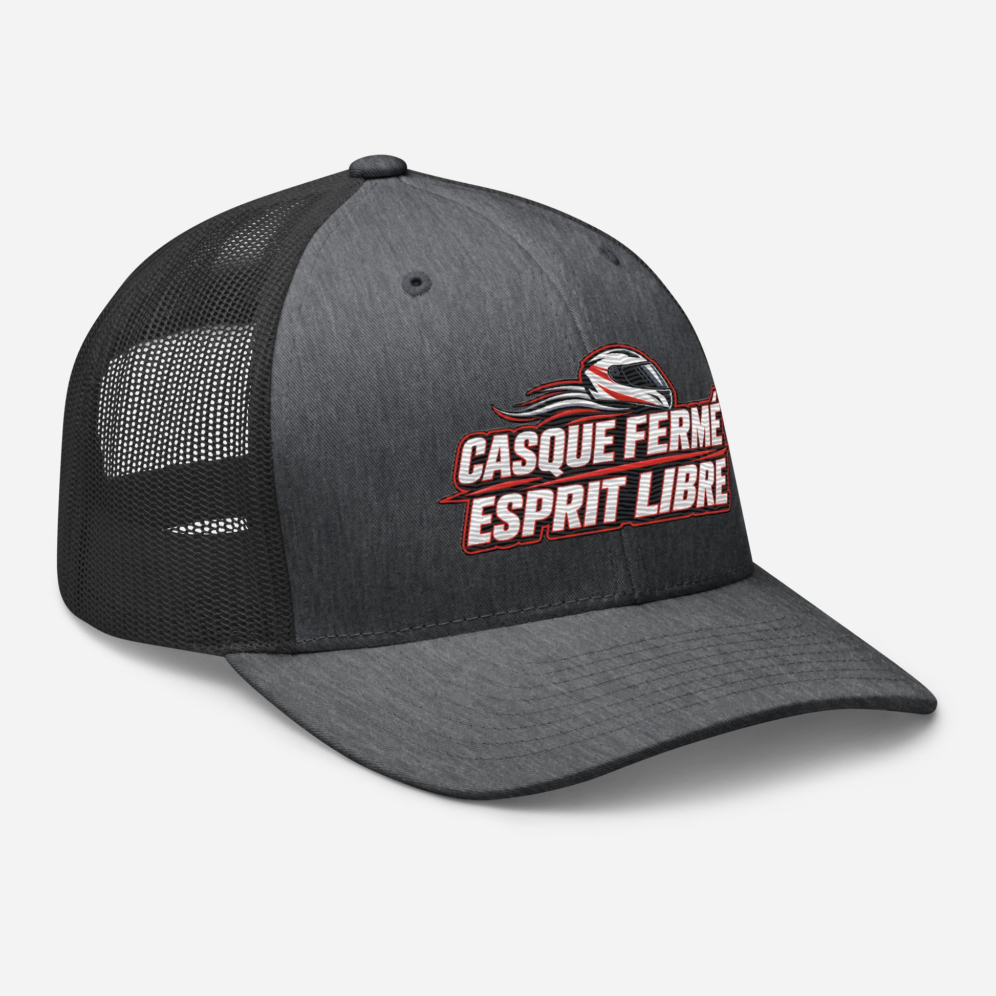 Casquette Trucker, brodée « Casque fermé, esprit libre », en Dark Heather Gray, vue de trois quarts, image 54
