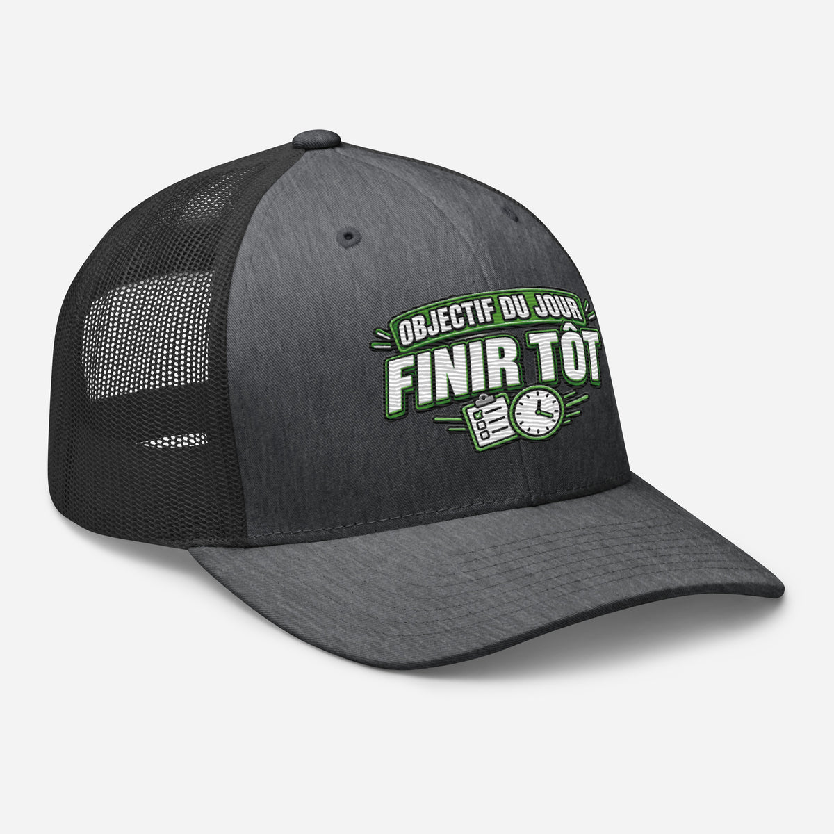 Casquette Trucker, brodée « Objectif du jour, finir tôt », en Dark Heather Gray, vue de trois quarts, image 54