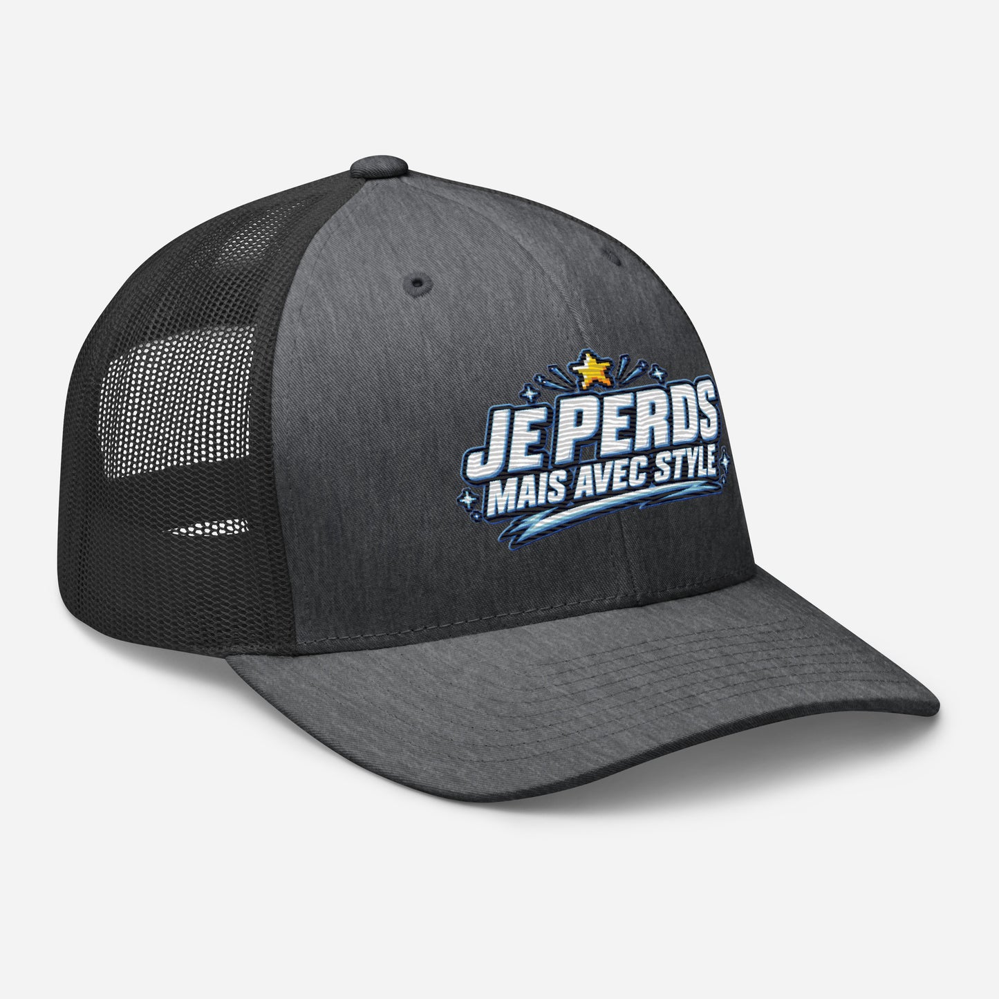 Casquette Trucker, brodée « Je perds mais avec style », en Dark Heather Gray, vue de trois quarts, image 54