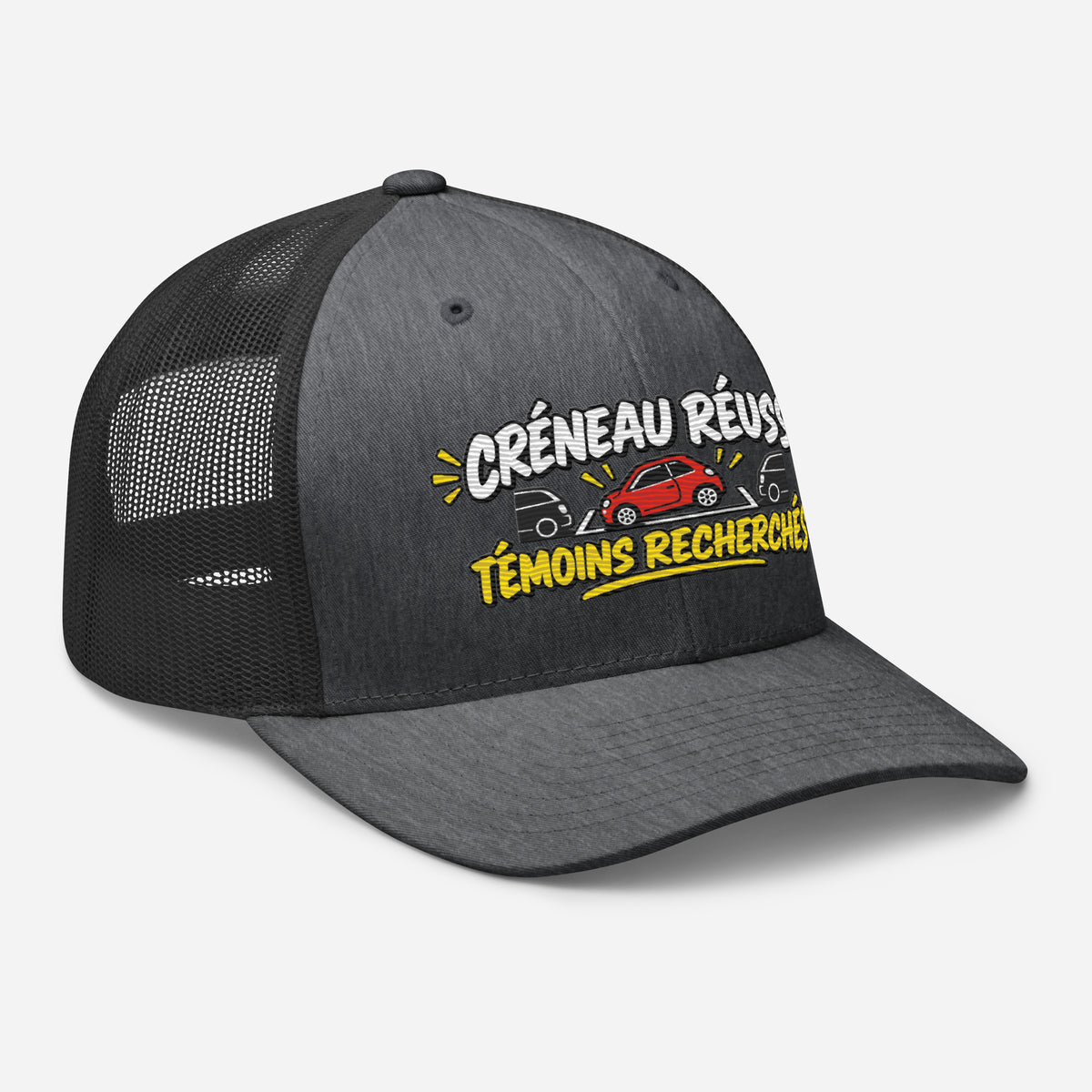 Casquette Trucker, brodée « Créneau réussi, Témoins recherchés », en Dark Heather Gray, vue de trois quarts, image 55