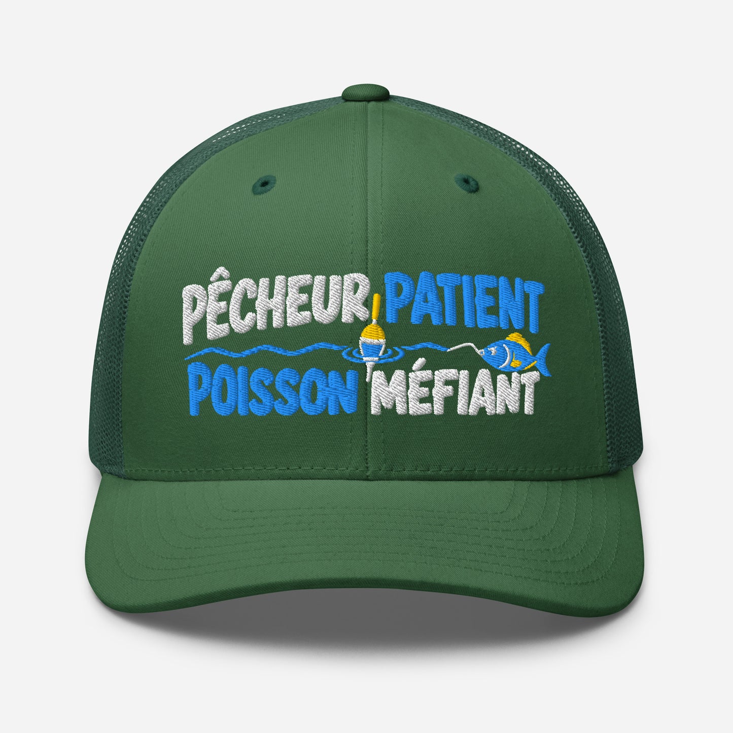 Casquette Trucker, brodée « Pêcheur patient, poisson méfiant », vue de face, image 56
